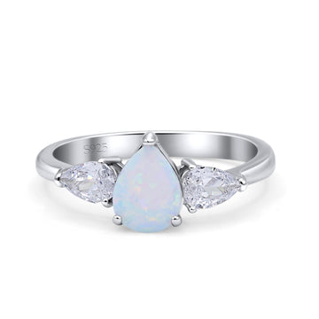 Three Stone Teardrop Pear Art Deco Lab Created White Opal Engagement Ring 925 Sterling Silver